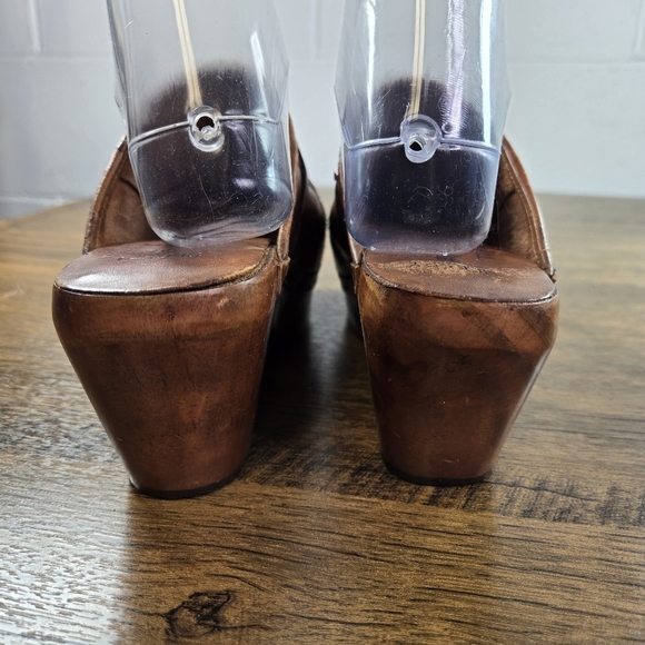 Vtg 1970s Fanfares Brown Leather Wooden Clogs - Picture 7 of 11